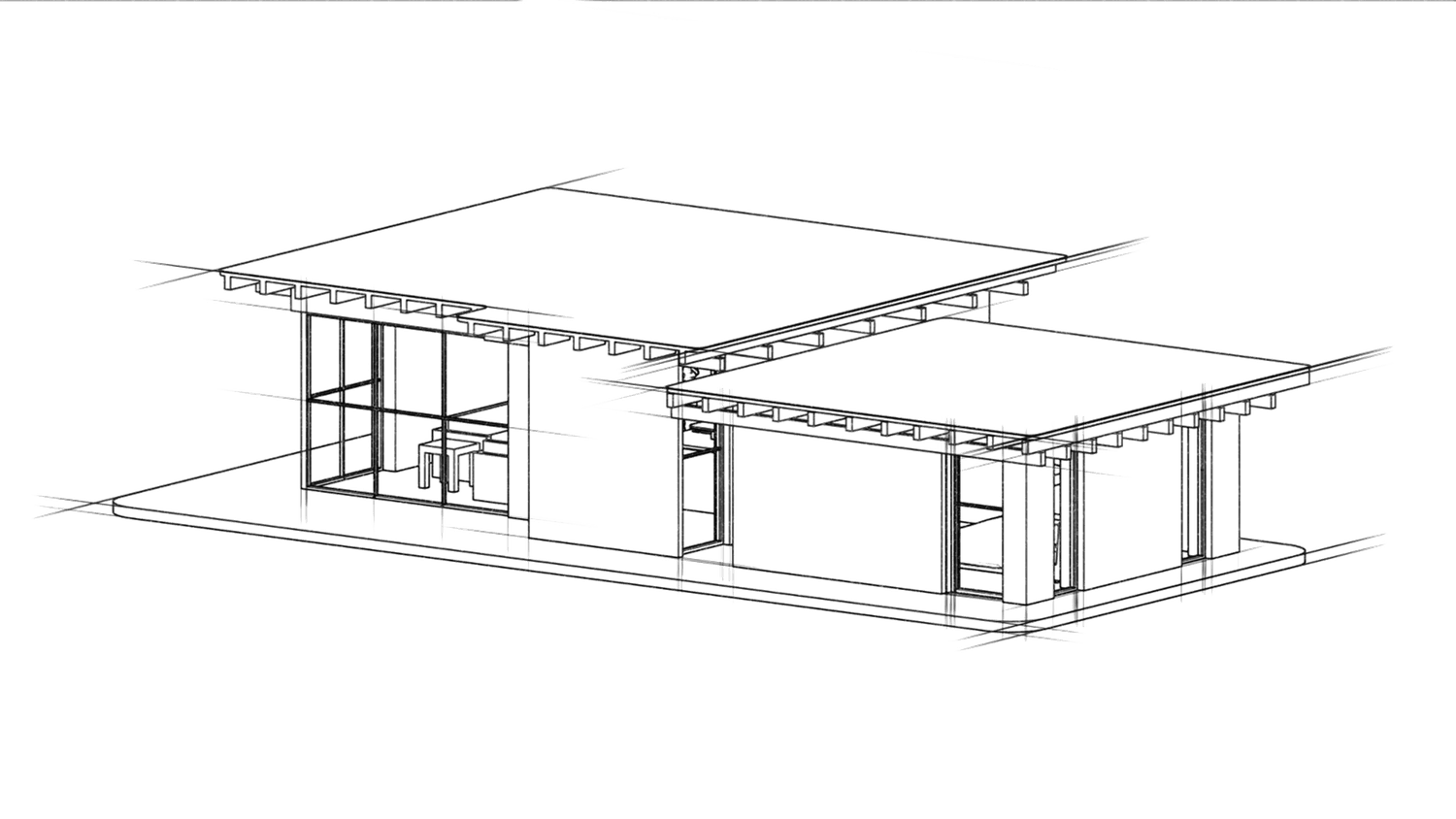 Sketch axonometric drawing of the Member M3 Suite — two units joined into a larger home.