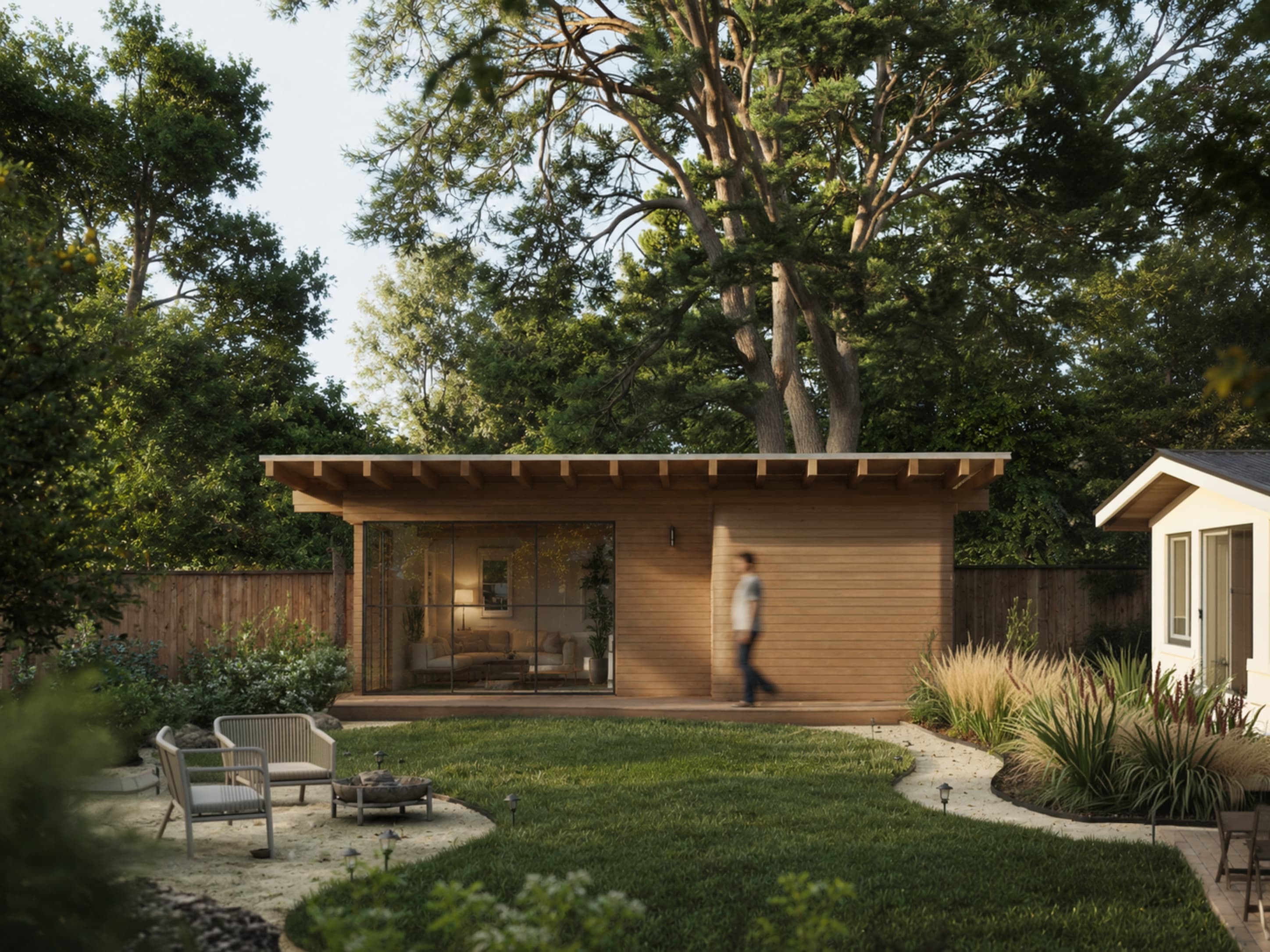 A Member backyard studio at golden hour, sliding glass doors open to a landscaped yard with the main house beyond.