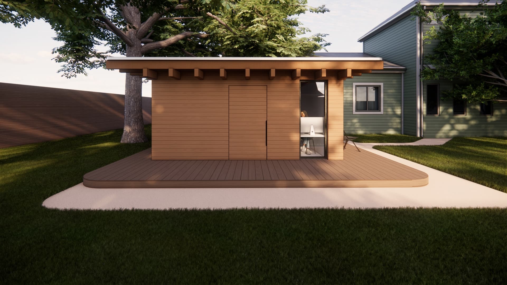 Exterior of the Member Den unit, wood-clad with a private facade, set in a green backyard.